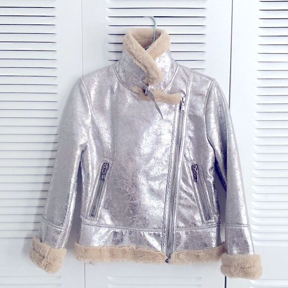 Tommy Hilfiger Metallic Silver Faux Cracked Leather Shearling Coat Jacket - Picture 3 of 7